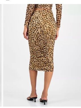 Bar lll Leopard Print Ruched Pencil Midi Skirt - Tan/Black